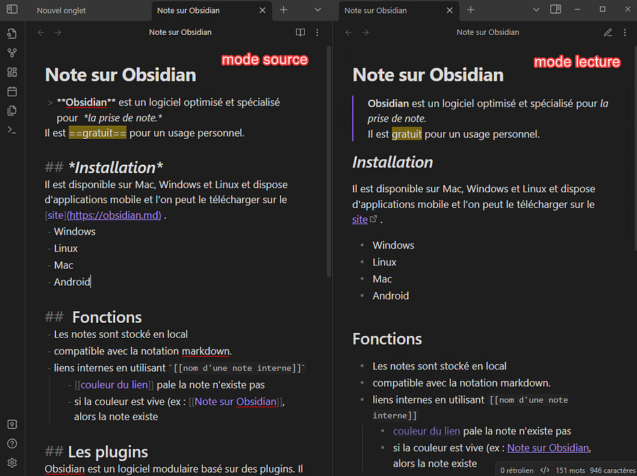 obsidian-mode source et mode lecture